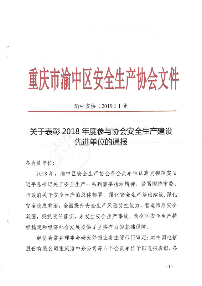 关于表彰2018年度参与协会安全生产建设先进单位的通报